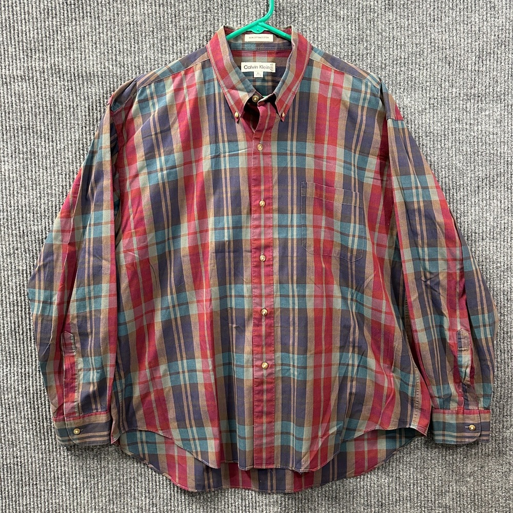 Calvin Klein Mens Button Down Shirt XL 17-17.5 Multicolor Cotton Long Sleeve